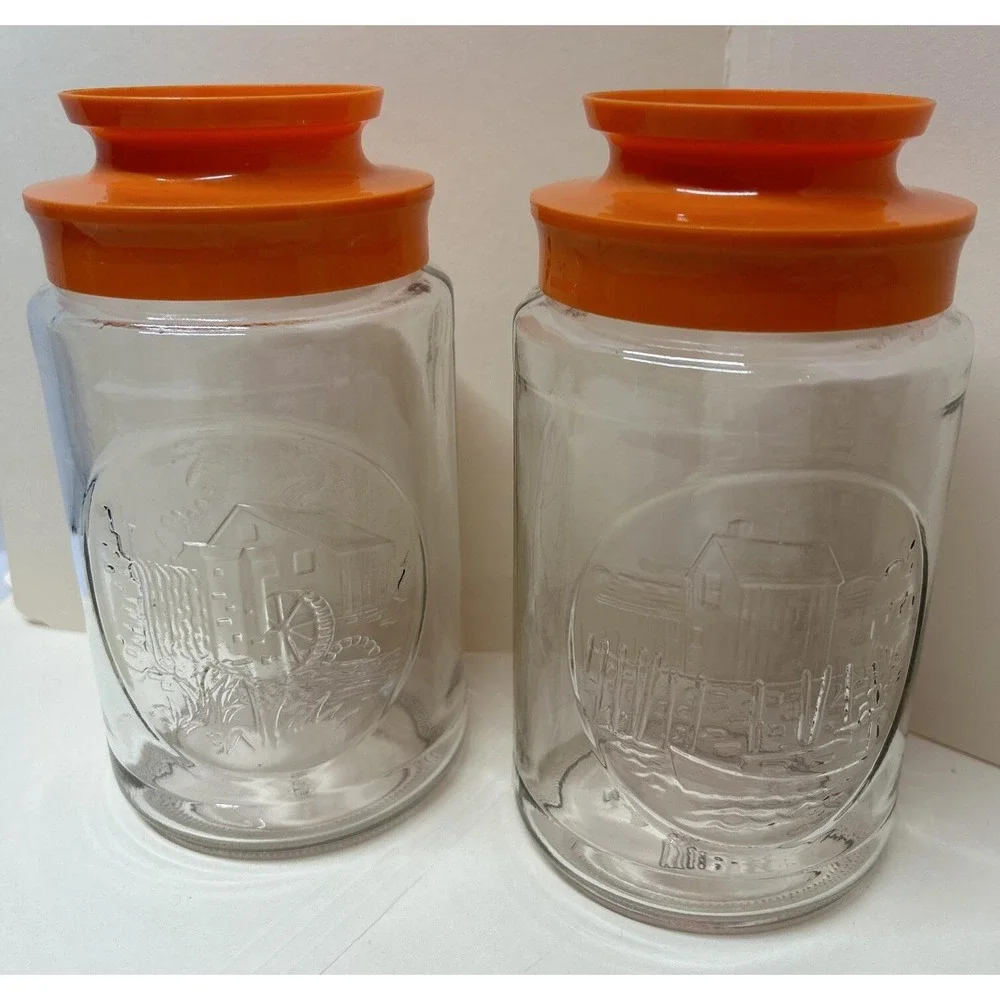 Vintage Glass Canisters Orange Lid Tang Anchor Hocking Wharf And Wheel House 7